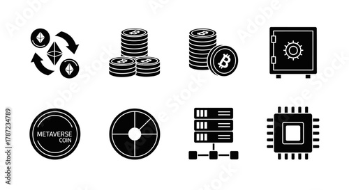 Cryptocurrency and Data Icons A Vector Set Depicting Digital Finance and Technology