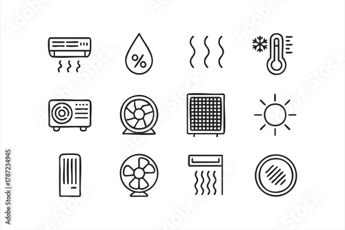 Airflow, fan, and thermostat icons for ventilation and climate system design