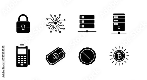 Cryptocurrency Security & Technology Black & White Icons for Blockchain, Payment, Data Protection