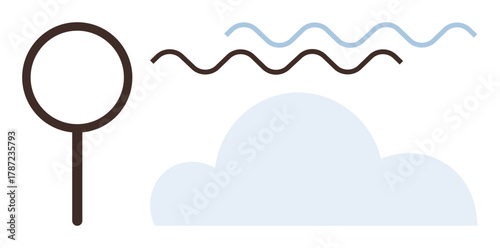 Magnifying glass beside a cloud under wavy lines symbolizing discovery, analysis, and creativity. Ideal for research, exploration, innovation, problem-solving, imagination, technology and minimal