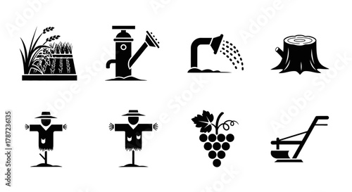 Agricultural Icons Set A Vector Illustration of Farming, Harvesting, and Crop Production