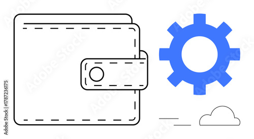 Wallet icon paired with a gear and cloud, symbolizing digital finance, payment systems, technology integration, online banking, automation, fintech solutions, and modern financial tools. Simple flat
