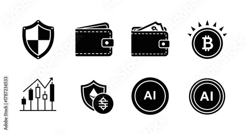 Collection of Financial Technology Icons Security, Wallet, Stock Chart, Cryptocurrency and Artificial Intelligence