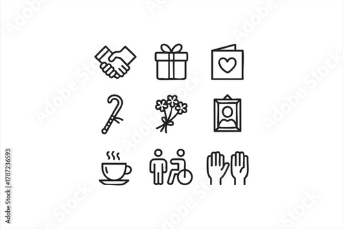 Elder care and charity icons collection for social responsibility and wellness themes