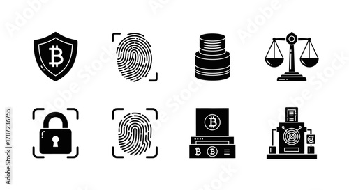 Bitcoin and Cryptocurrency Security A Set of Vector Icons Depicting Blockchain Technology and Digital Finance