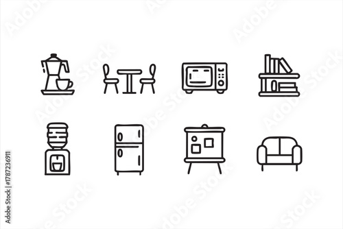 Workplace comfort icons set showing fridge, sofa, and microwave in outline style