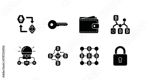 Cryptocurrency and Blockchain Modern Digital Currency Concept Icons for Finance and Tech