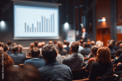 Business people or students are watching a presentation or attend a training or seminar in a lecture hall or auditorium. Conference hall full of people participating in the business training