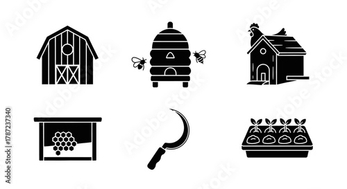 Farm Icons Barn, Beehive, House, Honeycomb, Sickle, and Plants for Agricultural Themes