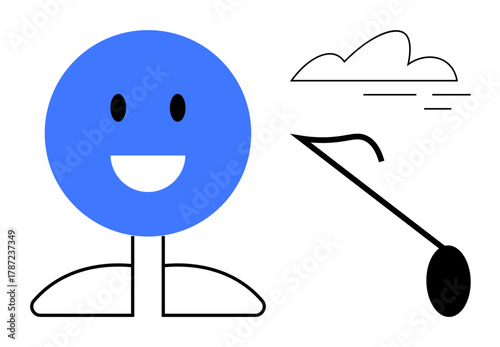 Blue-headed smiling figure with simple body, golf club, and cloud design. Ideal for recreation, sports, leisure, simplicity, humor minimalism playful themes. Represents a simple flat metaphor