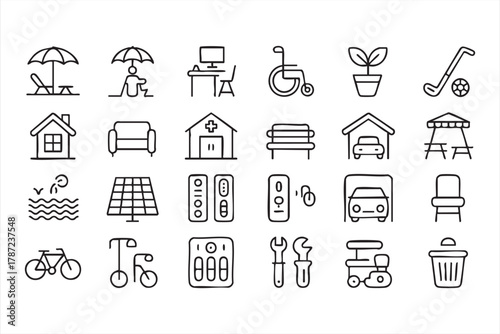 Minimal line art icons set showing healthcare, housing, and eco living symbols