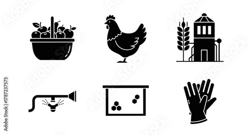 Farm Icons Basket of Apples, Hen, Silo, Sprinkler, Honeycomb, and Gloves Pictograms