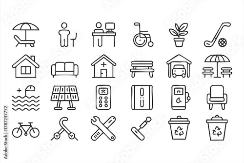 Modern outline icons for retirement home, gardening, and wellness community use