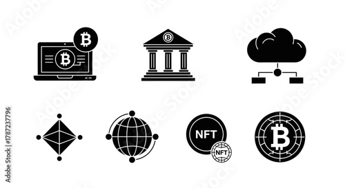 Collection of Digital Finance Icons Cryptocurrency, Blockchain, and Online Banking