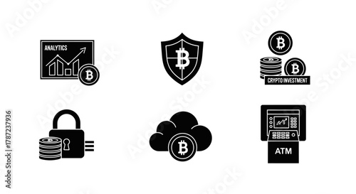 Bitcoin & Cryptocurrency Icons Security, Analytics, Investment & Technology Set