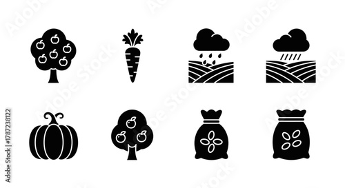 Farm Icons Apple Tree, Carrot, Rain, Pumpkin, Seeds, and Agricultural Elements