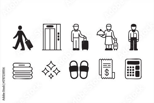 Hotel amenities and staff service icons for accommodation and branding visuals