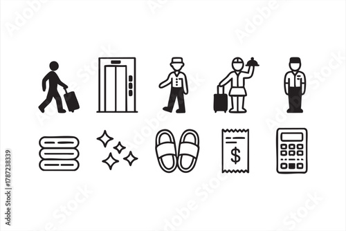 Minimal vector pack showing hotel staff, services, and travel-related symbols