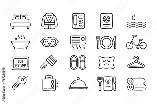 Hotel amenities vector icons set for travel, hospitality, and guest service design