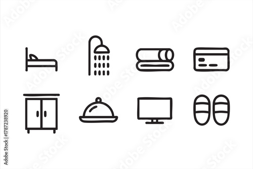 Hotel comfort and convenience icons for tourism, stay, and relaxation themes