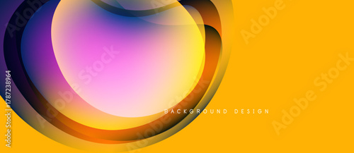 Abstract vibrant design features flowing curves, gradients. Yellow backdrop contrasts with purple, pink hues. Modern aesthetic.