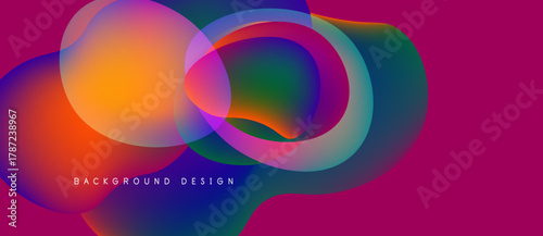 Abstract fluid shapes overlap, creating vibrant color gradients. Pink background enhances dynamic visual effect. Modern design element.