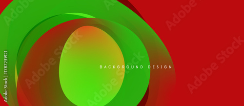 Abstract vibrant layers create dynamic circular design. Red, green, yellow hues blend smoothly, forming modern backdrop.