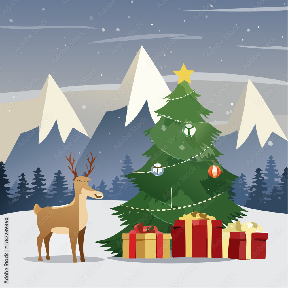 Naklejka premium Festive Winter Scene with Christmas Tree Reindeer and Gift Boxes in Snowy Mountain Landscape