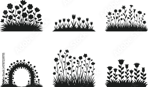 Flower Bed Silhouette Collection – Garden Bloom and Wildflower Border Vector Set