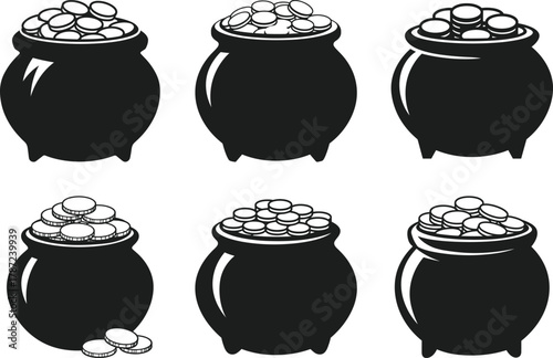 Pot of Gold Silhouette Set – St. Patrick’s Day Treasure Vector Illustration