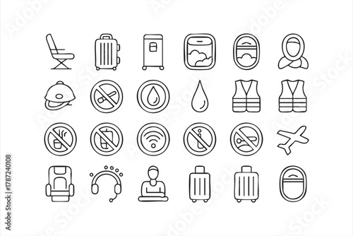 Modern line art flight and luggage icons for travel, comfort, and security themes