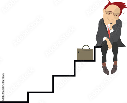 Problems. Sad and tired man with head down sitting on the broken steps. Concept illustration