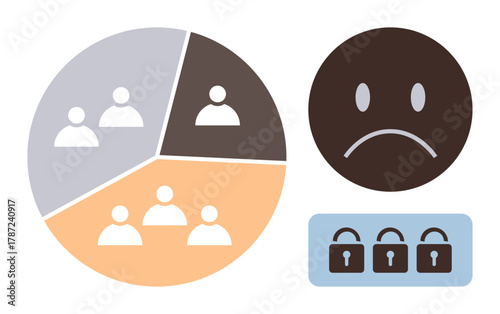 Pie chart with human figures in segments, sad face indicating concern, and padlock row symbolizing protection. Ideal for data security, privacy, segmentation, analytics, user concern, cyber safety