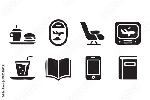 Airplane travel and entertainment symbols set for aviation and tourism marketing
