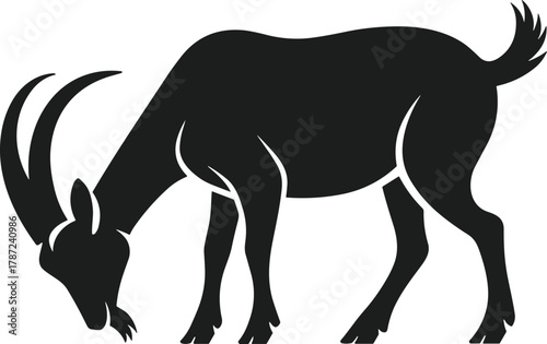 Black goat silhouette vector grazing on white background