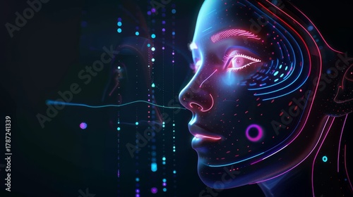 Futuristic neon woman profile portrait with digital data stream in a dark studio artifical intelligence concept