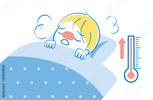 発熱のため布団で休んでいる男の子と上がる体温計