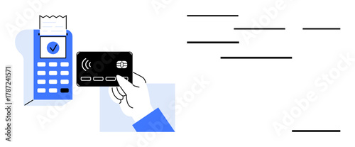 Hand holds credit card near digital POS terminal with receipt, indicating contactless payment accepted. Ideal for e-commerce, retail, fintech, technology, banking, convenience simplicity. Modern