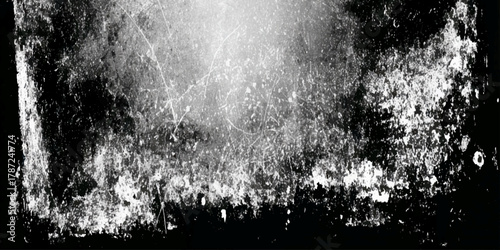 A dramatic black and white distressed surface with heavy scratches, scuffs, and weathered noise.