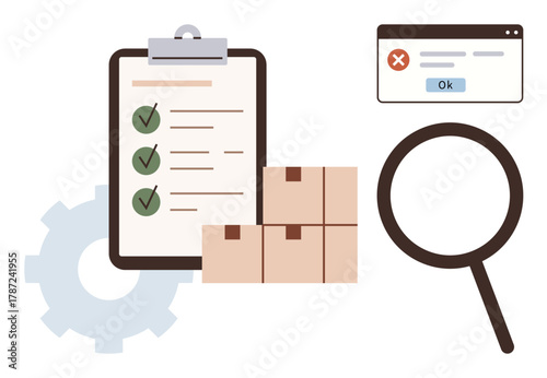 Checklist with green checkmarks, shipping boxes, magnifying glass, gear, and error message window. Ideal for logistics, quality control, auditing, supply chain problem-solving warehouse inventory