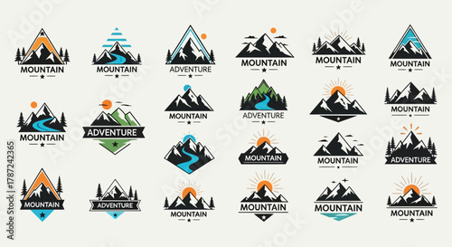 Collection of Mountain Adventure Badges and Logos in Various Styles