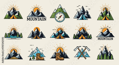 Mountain Adventure Logos and Emblems Set Explore the Great Outdoors with Style and Precision