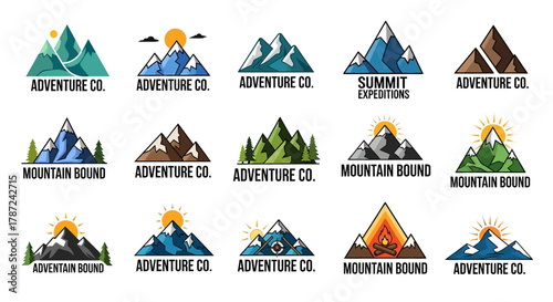 A diverse set of mountain peak logos and outdoor adventure emblems. A collection of nature travel symbols and expedition badge templates for branding