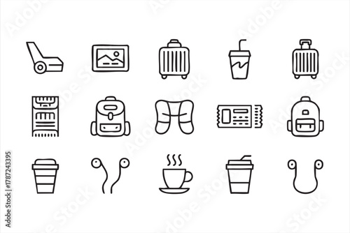 Luggage, backpack, and neck pillow symbols for travel and tourism illustrations