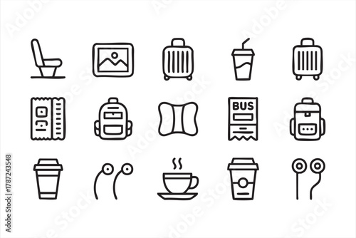 Trip accessories and luggage outline icons for tourism and adventure design