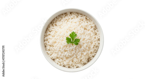 Bowl Of White Rice With Parsley Garnish Top View
