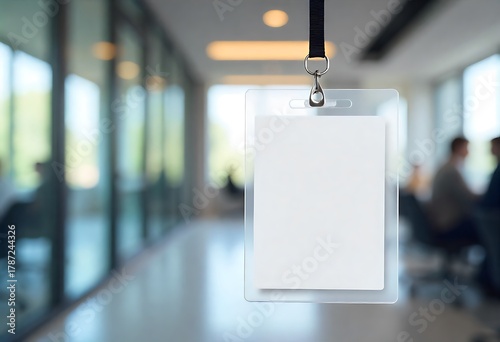 Blank plastic ID badge with lanyard for employee or visitor identification. Ideal mockup for business events, trade shows, corporate branding, access control, and professional presentations.