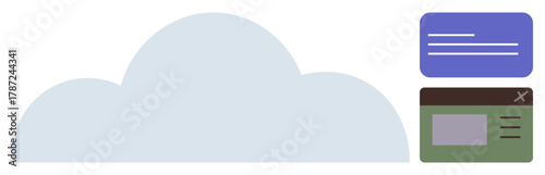 Large cloud element with two interface windows for messaging and organization. Ideal for data storage, cloud computing, digital communication, web hosting, collaboration, online file management