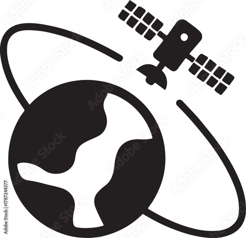   Satellite orbiting planet astronomy bold silhouette vector. Ideal for space, science, and research design.