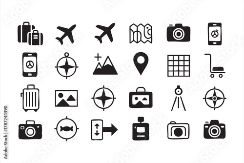 Minimal line art travel symbols for tourism, navigation, and photography branding